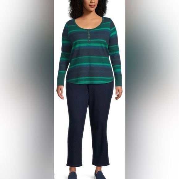 Terra & Sky Tops - TERRA & SKY henley long sleeve waffle thermal pullover green blue top size 14W